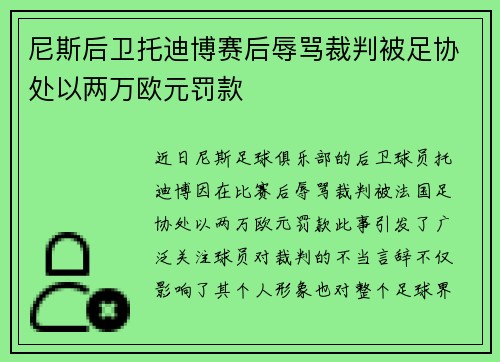 尼斯后卫托迪博赛后辱骂裁判被足协处以两万欧元罚款