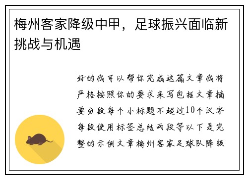 梅州客家降级中甲，足球振兴面临新挑战与机遇