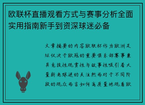 欧联杯直播观看方式与赛事分析全面实用指南新手到资深球迷必备 欧联杯直播观看方式与赛事分析全面实用指南新手到资深球迷必备